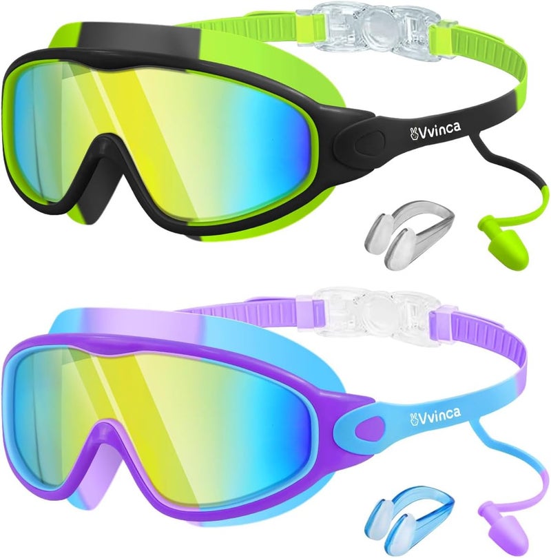 Vvinca Swim Goggles, Kids Goggles with Earplugs& Nose Clip Wide View Anti-Fog/UV Swimming Goggles for Age 3-15 Boys Girls - Image 1